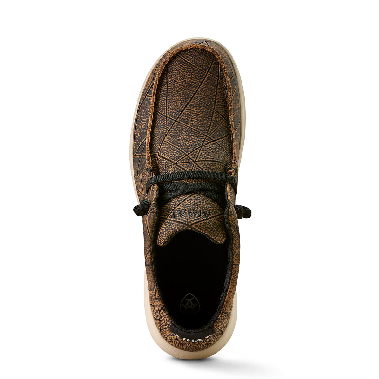 Brown leather shoe with black laces on a white background