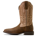 Brown cowboy boot with intricate stitching on a white background
