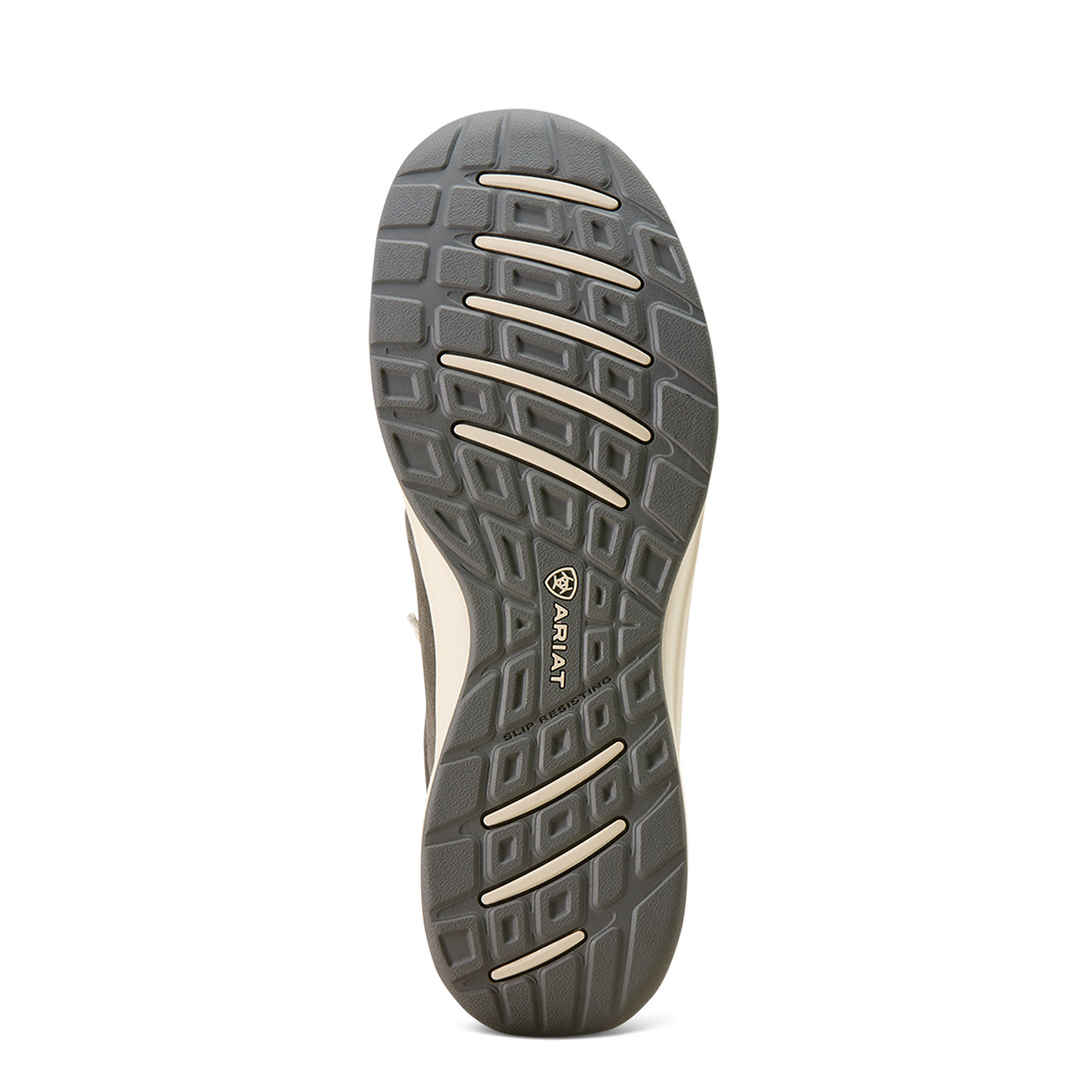 Brown and beige shoe sole with Ariat logo on a white background