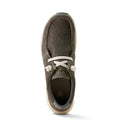 Gey leather shoe with white laces on a white background