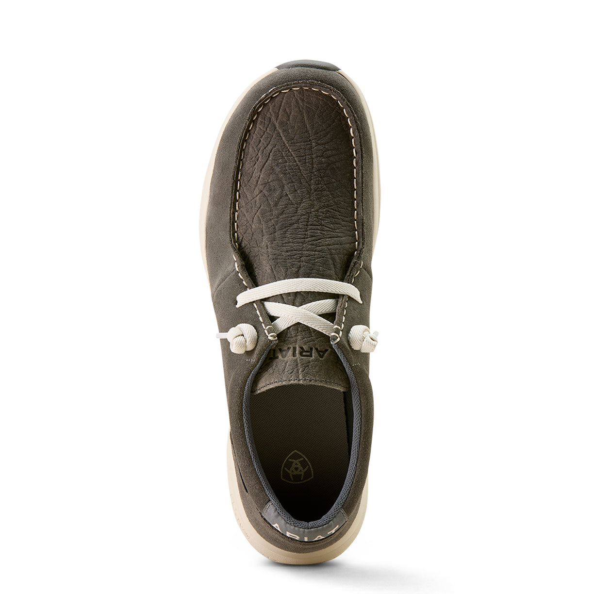 Gey leather shoe with white laces on a white background