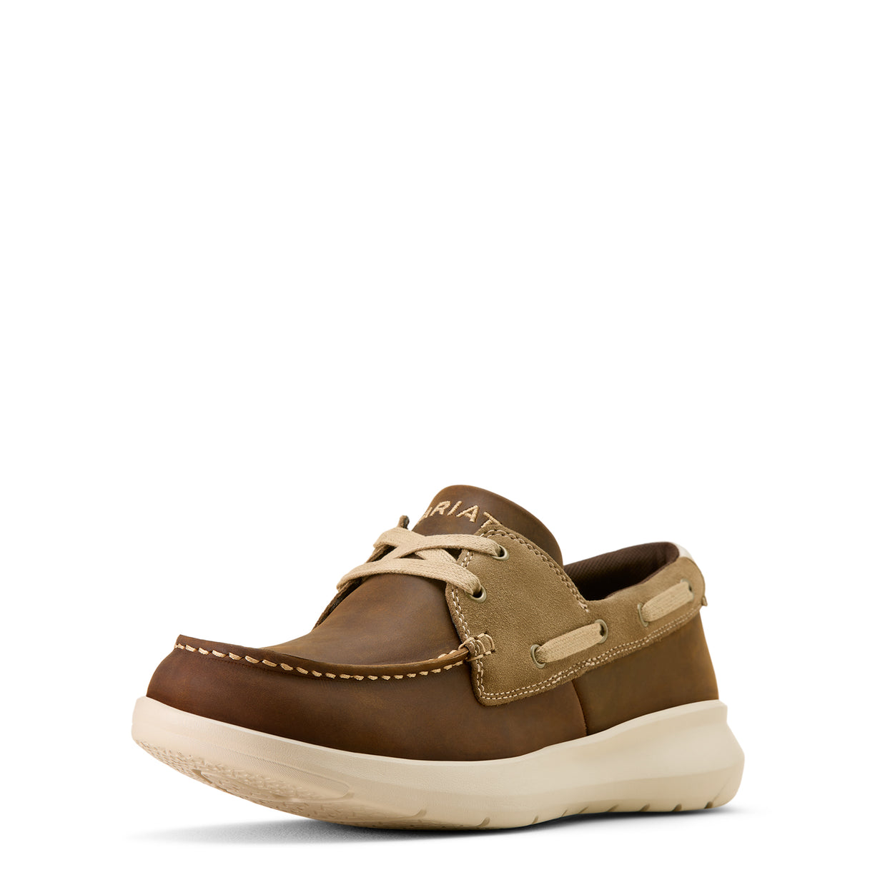 Brown leather boat shoe on a white background