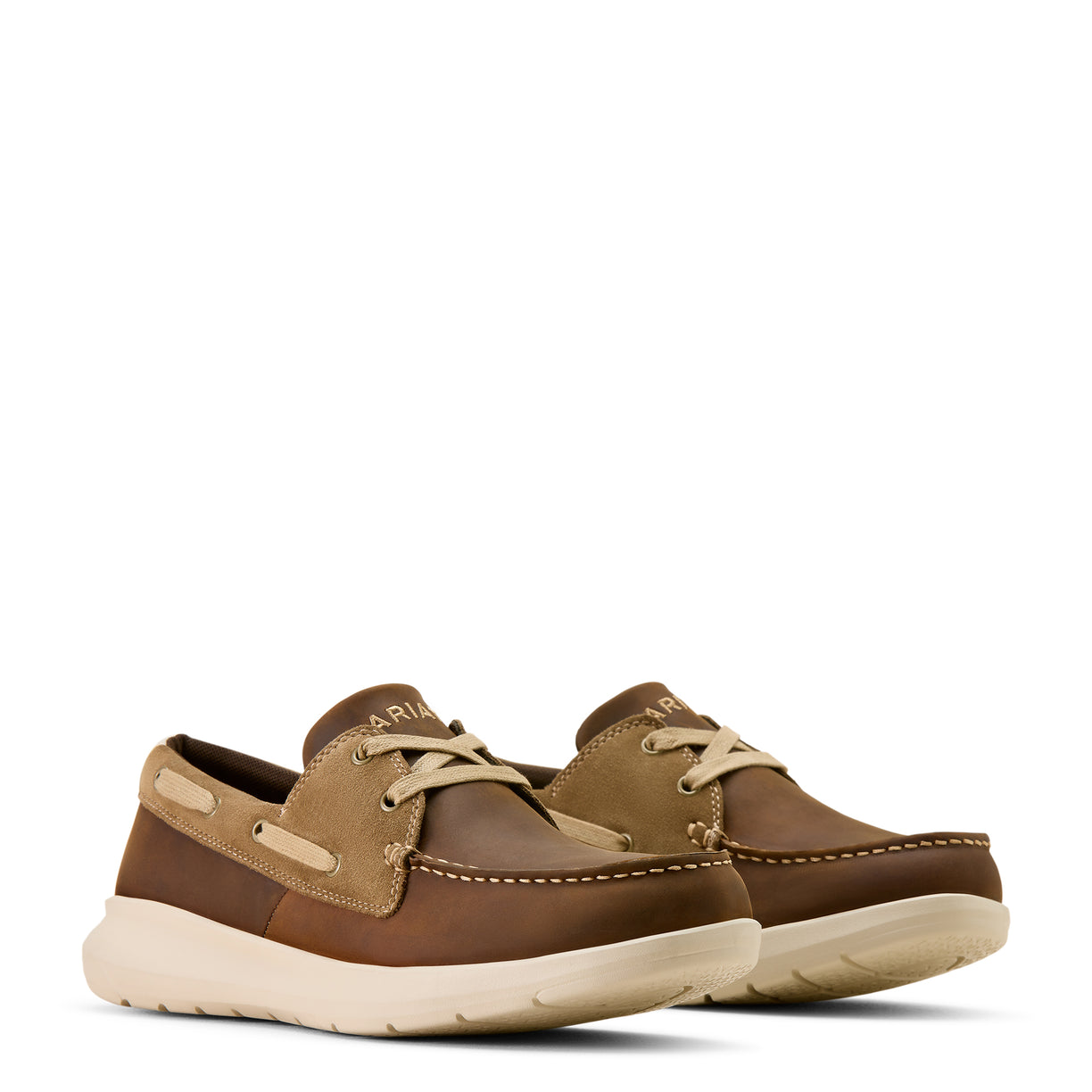 Brown leather shoes with beige laces on a white background