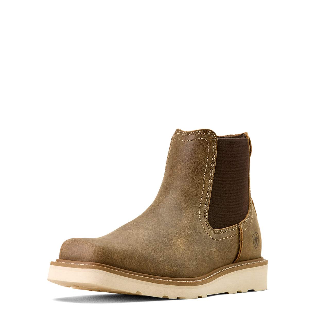 Brown leather boot with a white sole on a white background