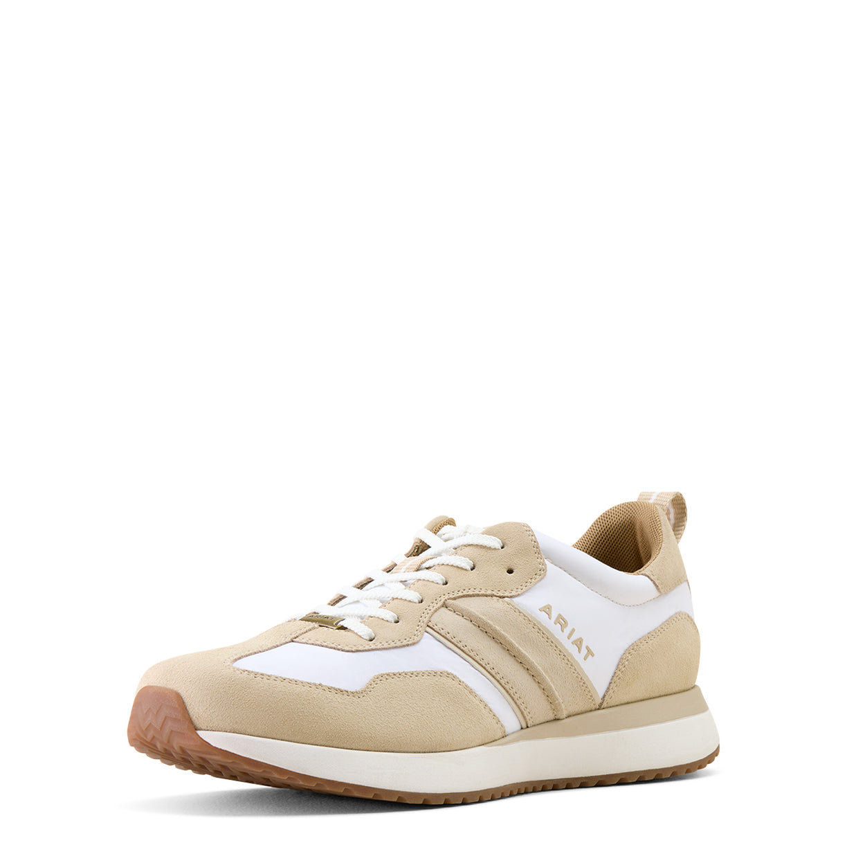 Beige and white sneaker with 'Ariat' branding on a white background