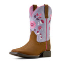 Children's cowboy boot with floral embroidery on a white background