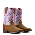 Pair of brown children's cowboy boots with pink hearts on a white background