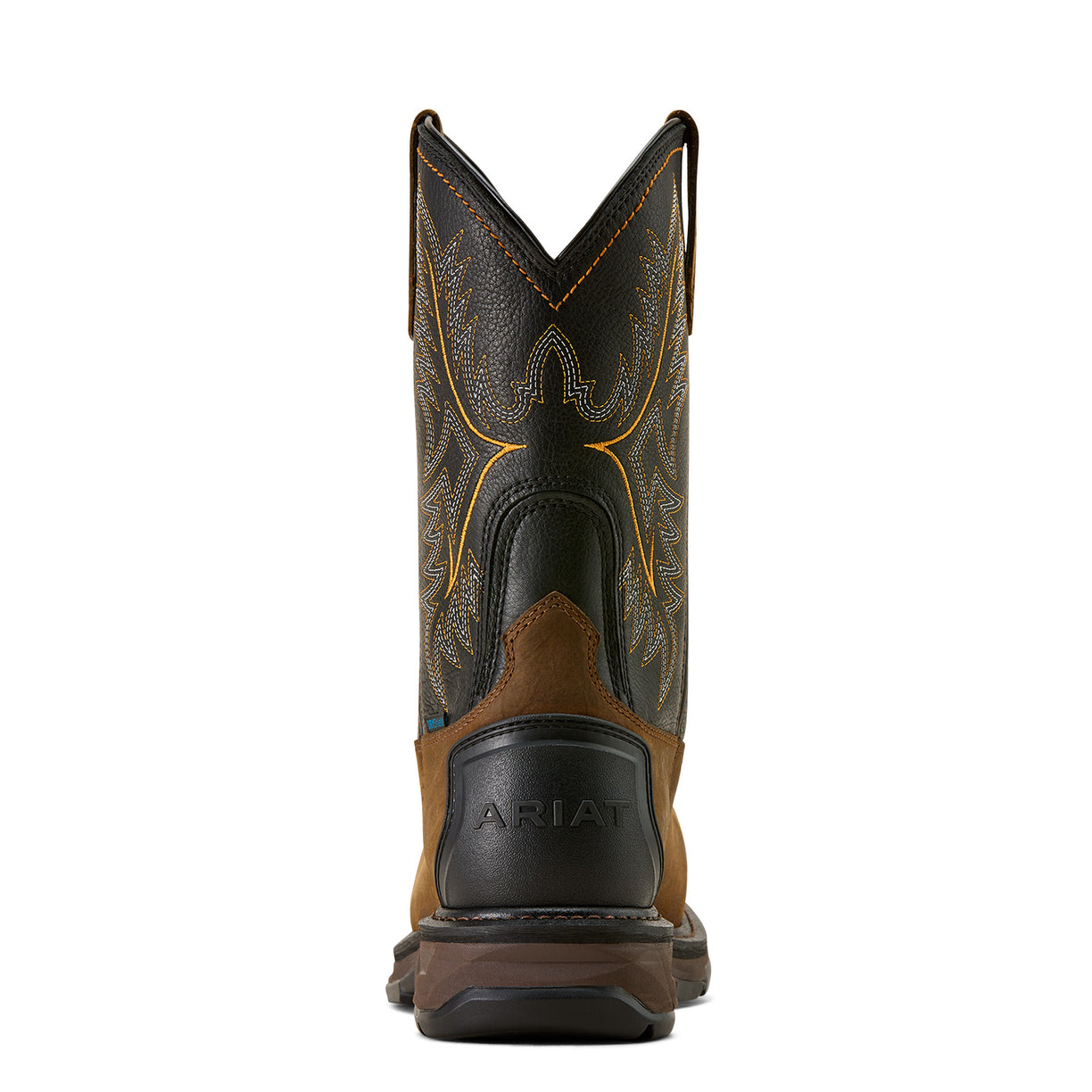 Brown and black Ariat cowboy boot on a white background