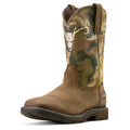 Camouflage-patterned boot with a brown leather sole on a white background