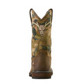 Camouflage-patterned cowboy boot with a deer skull design on a white background
