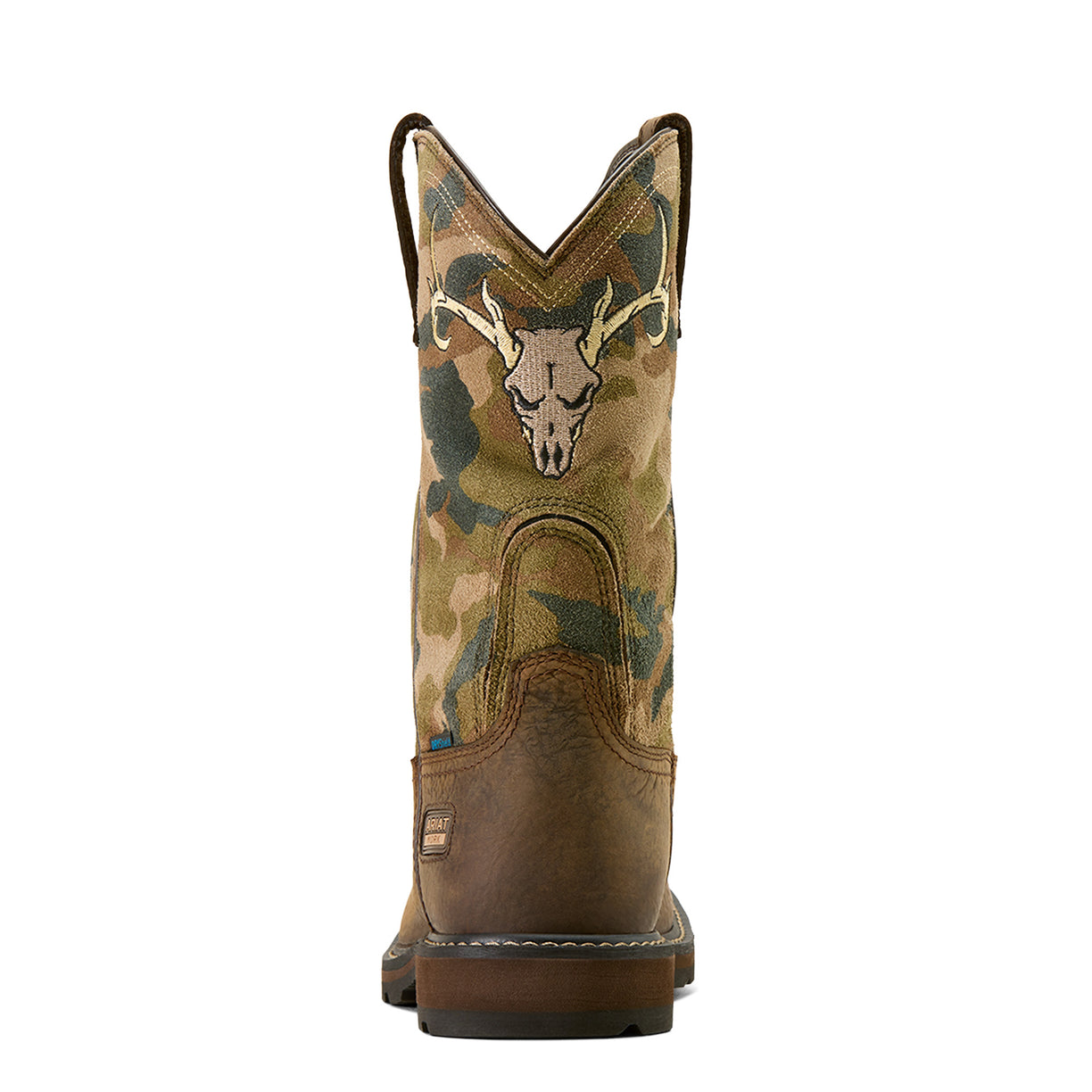 Camouflage-patterned cowboy boot with a deer skull design on a white background