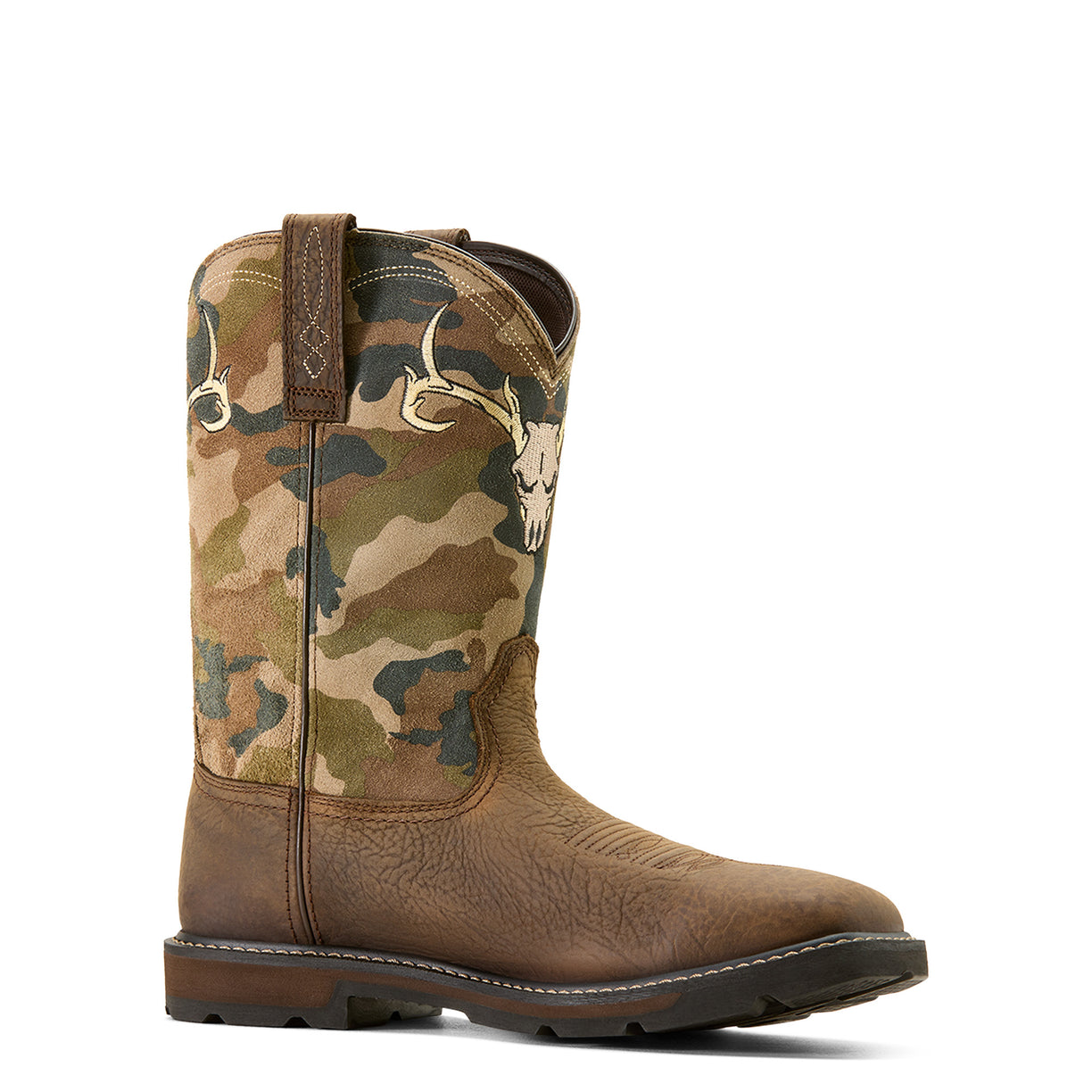 Camouflage-patterned boot with deer head design on a white background