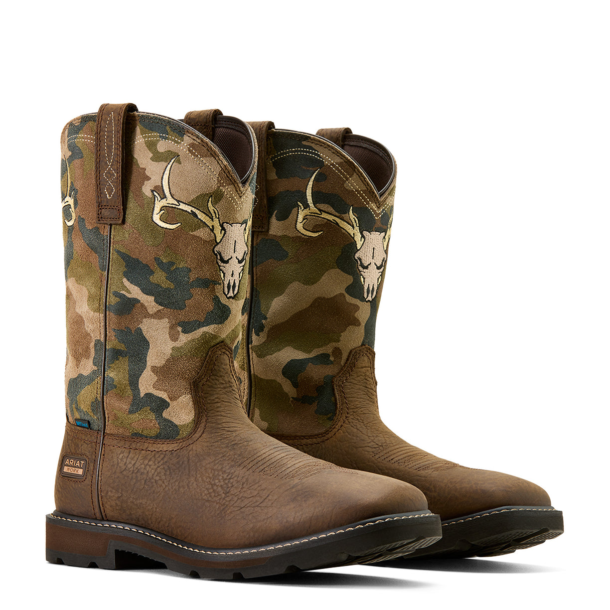 Camouflage-patterned boots with deer antler design on a white background