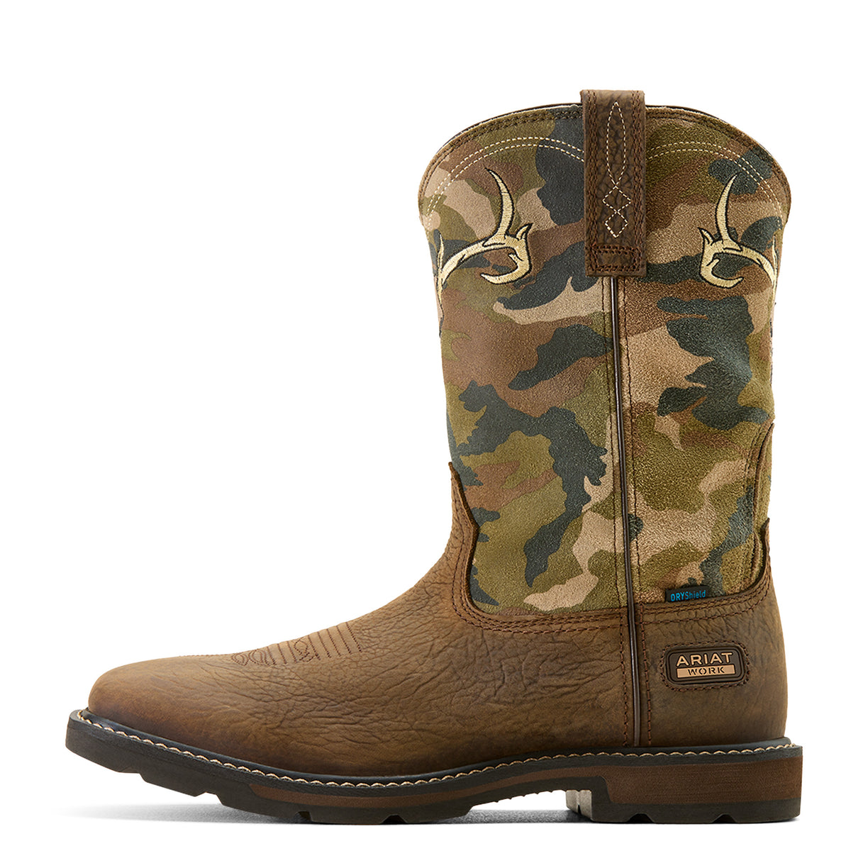Camouflage-patterned boot with Ariat logo on a white background