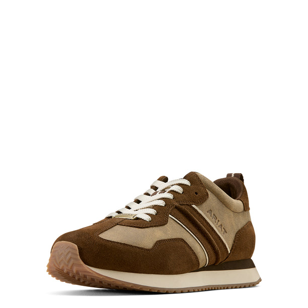 Brown and beige sneaker with 'Ariat' branding on a white background