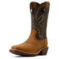 Brown cowboy boot with intricate design on a white background