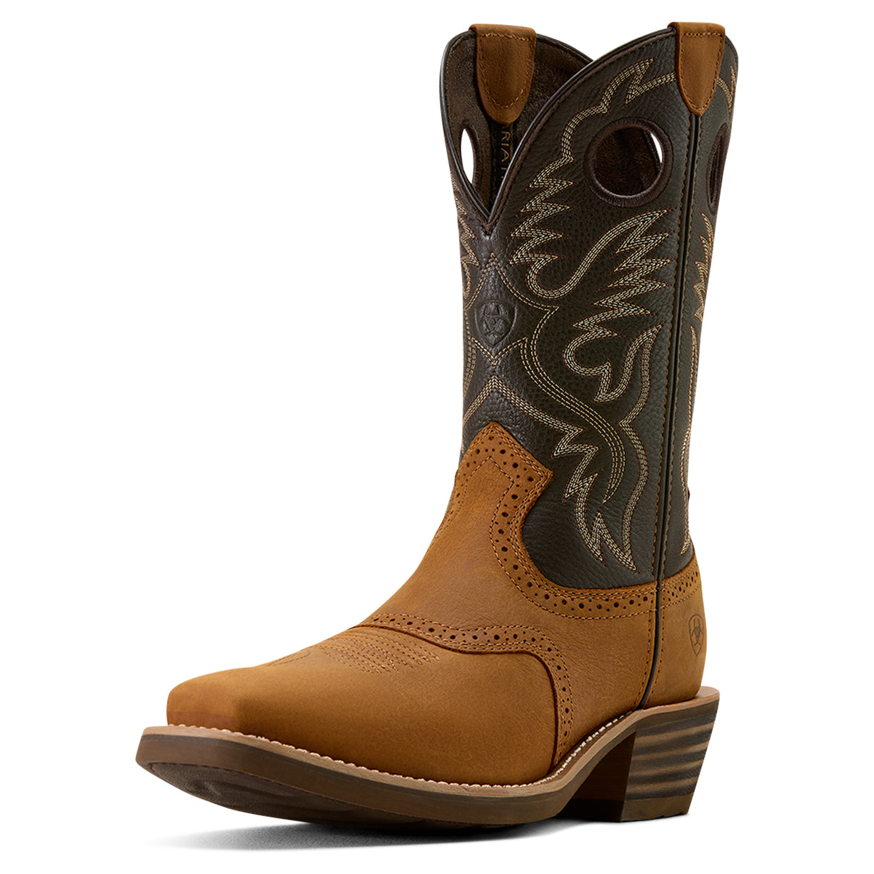Brown cowboy boot with intricate design on a white background
