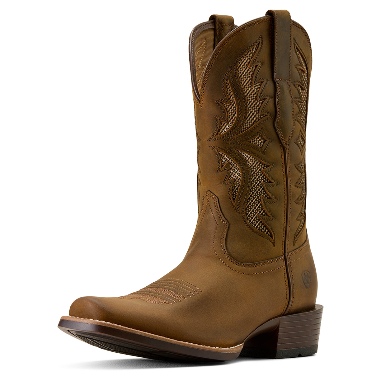 Brown cowboy boot with intricate design on a white background