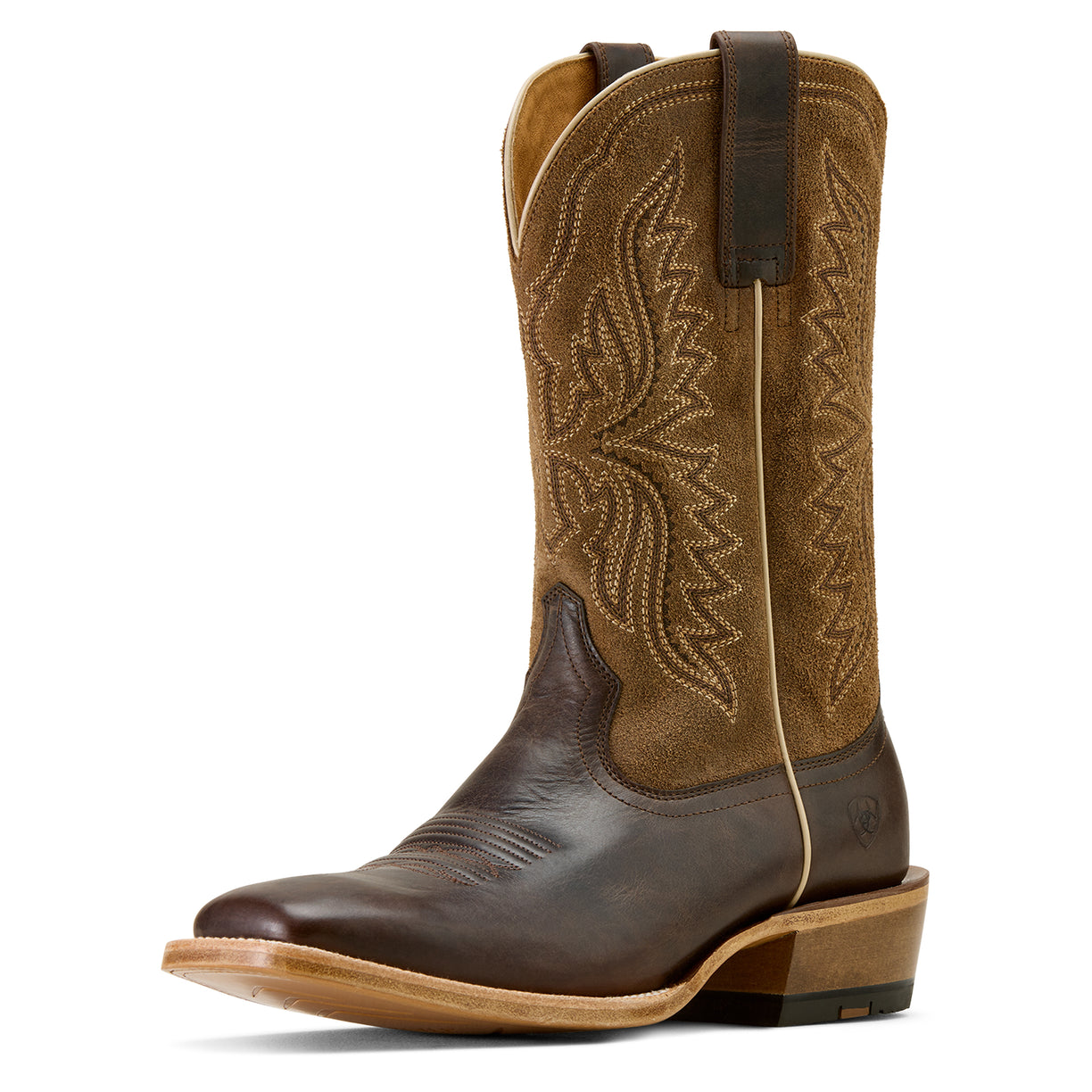 Brown and tan cowboy boot with intricate design on a white background