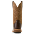 Brown cowboy boot with intricate stitching on a white background
