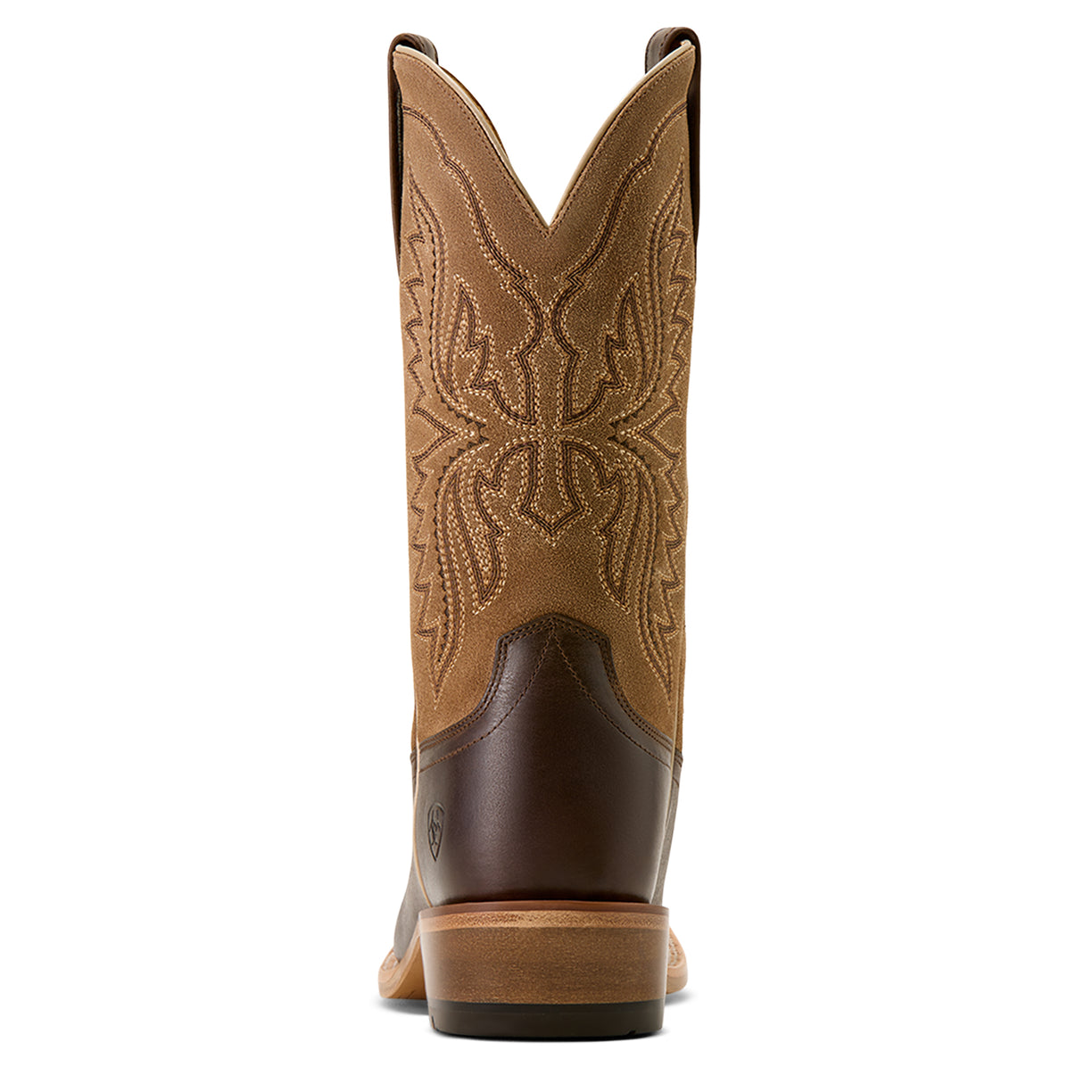 Brown cowboy boot with intricate stitching on a white background