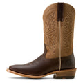 Brown and tan cowboy boot with intricate stitching on a white background