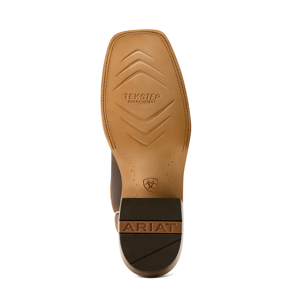Close-up of a boot sole with Ariat branding on a white background