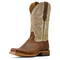 Brown and beige cowboy boot with intricate patterns on a white background