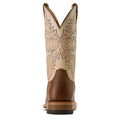 Brown and beige cowboy boot with intricate stitching on a white background