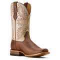 Brown and beige cowboy boot with intricate stitching on a white background