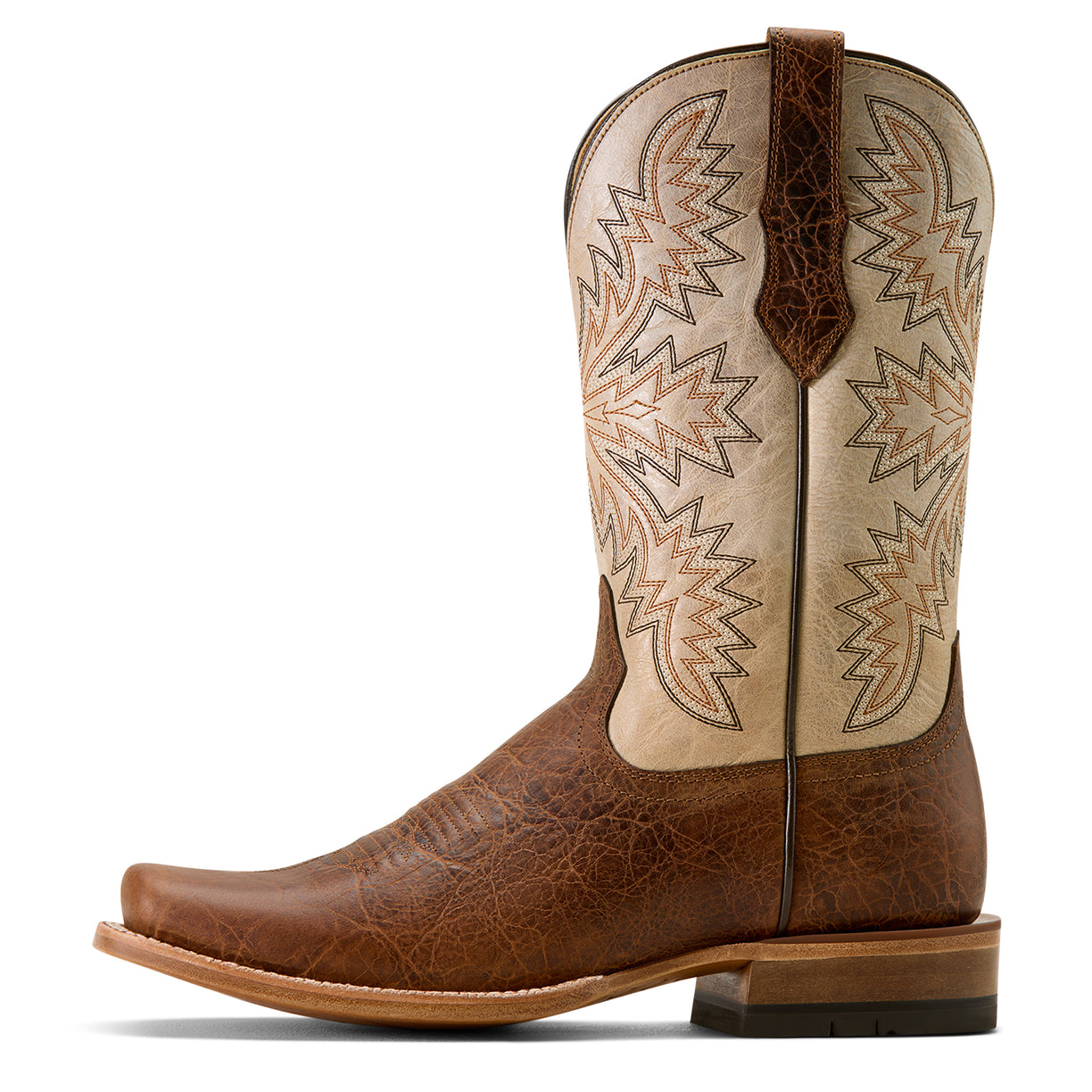 Brown cowboy boot with intricate white and beige embroidery on a white background