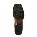 Brown leather boot sole with black tread pattern on a white background