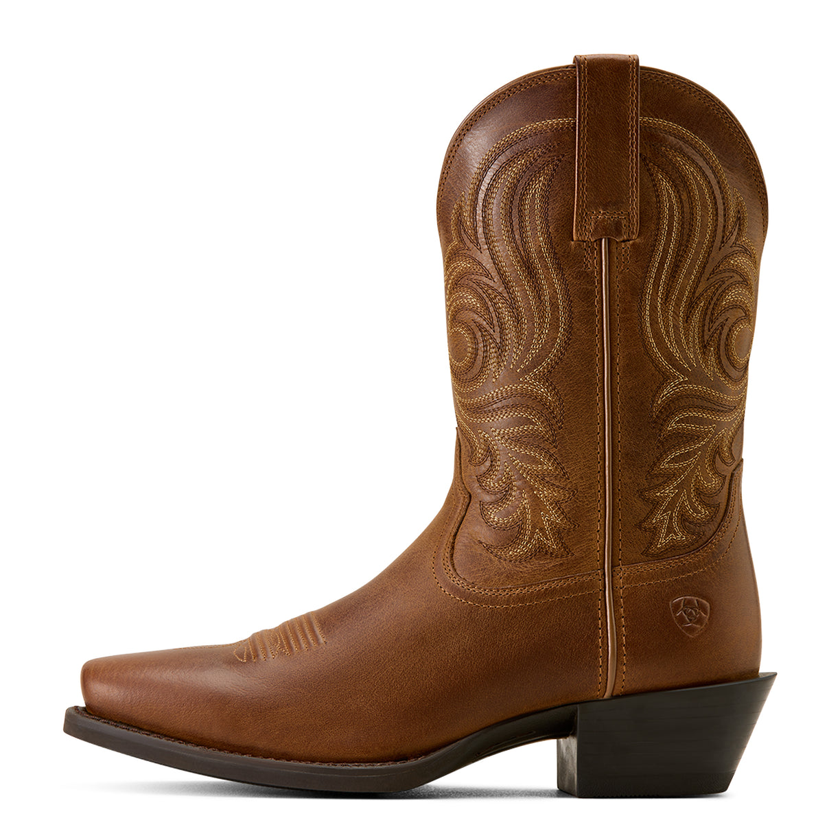 Brown cowboy boot with intricate embossing on a white background