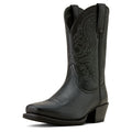 Black cowboy boot with intricate stitching on a white background