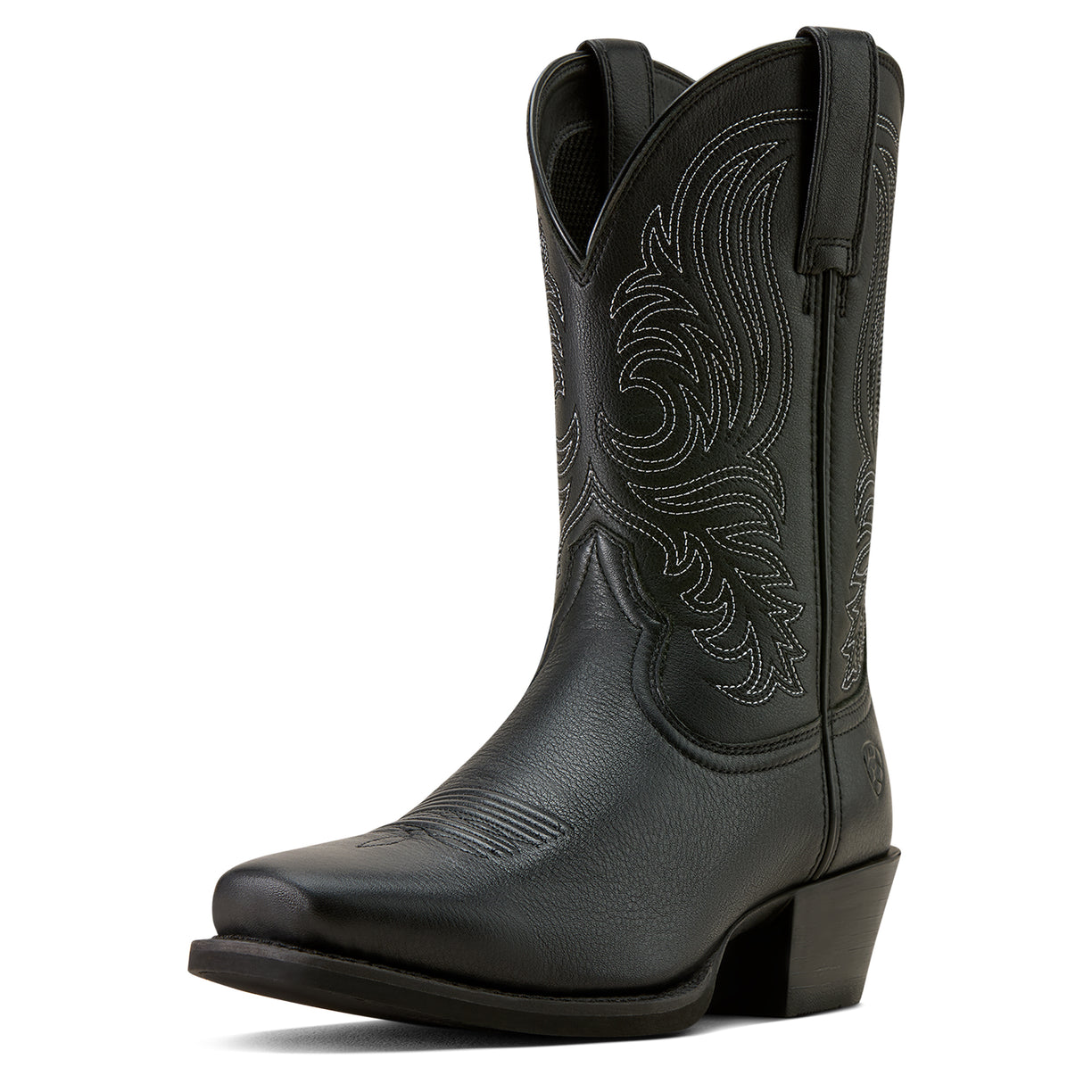 Black cowboy boot with intricate stitching on a white background