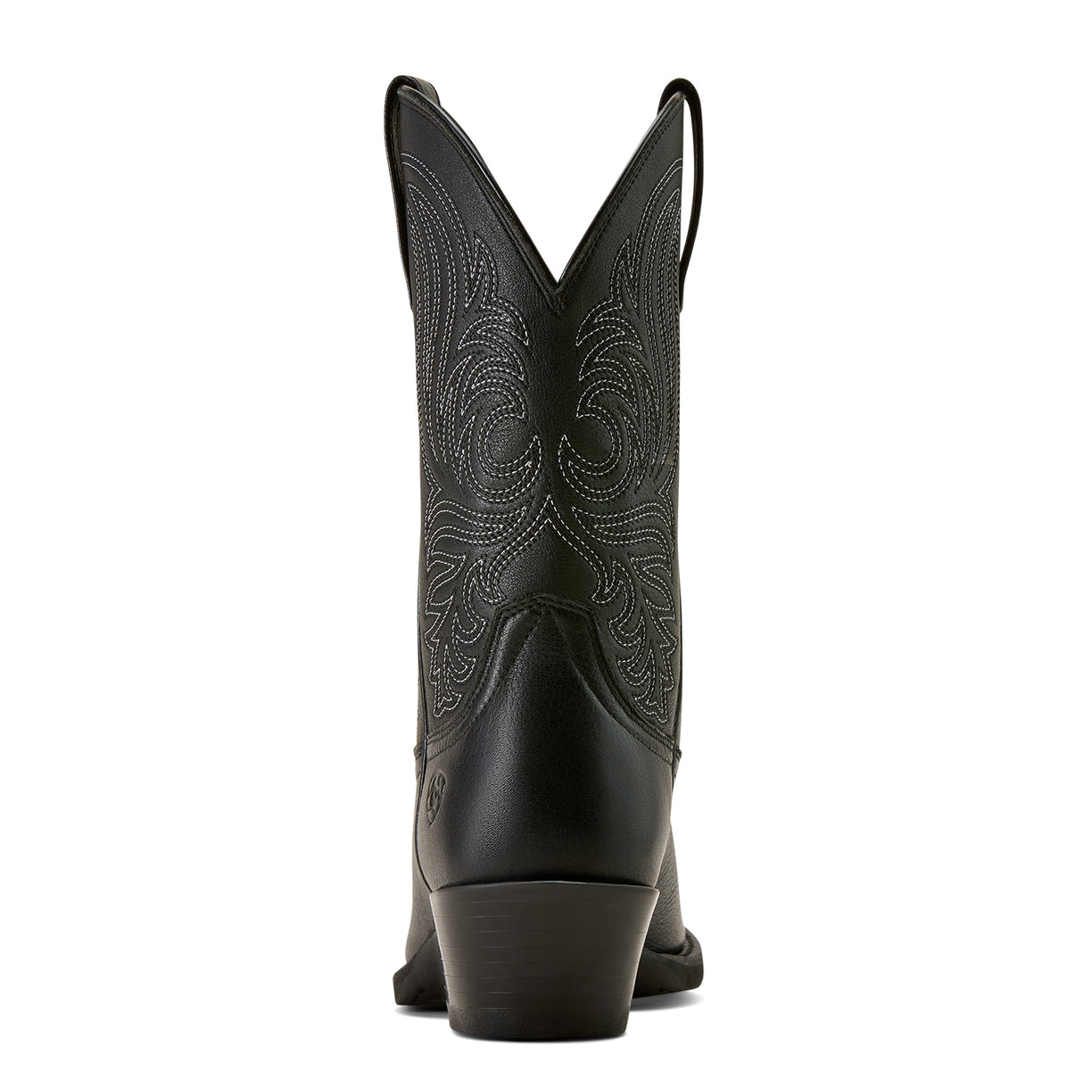 Black cowboy boot with intricate design on a white background