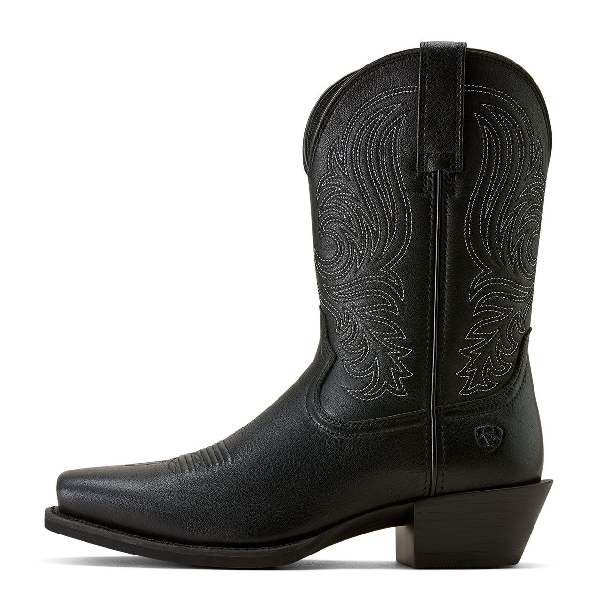 Black cowboy boot with intricate embroidery on a white background