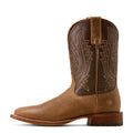 Brown cowboy boot with intricate stitching on a white background