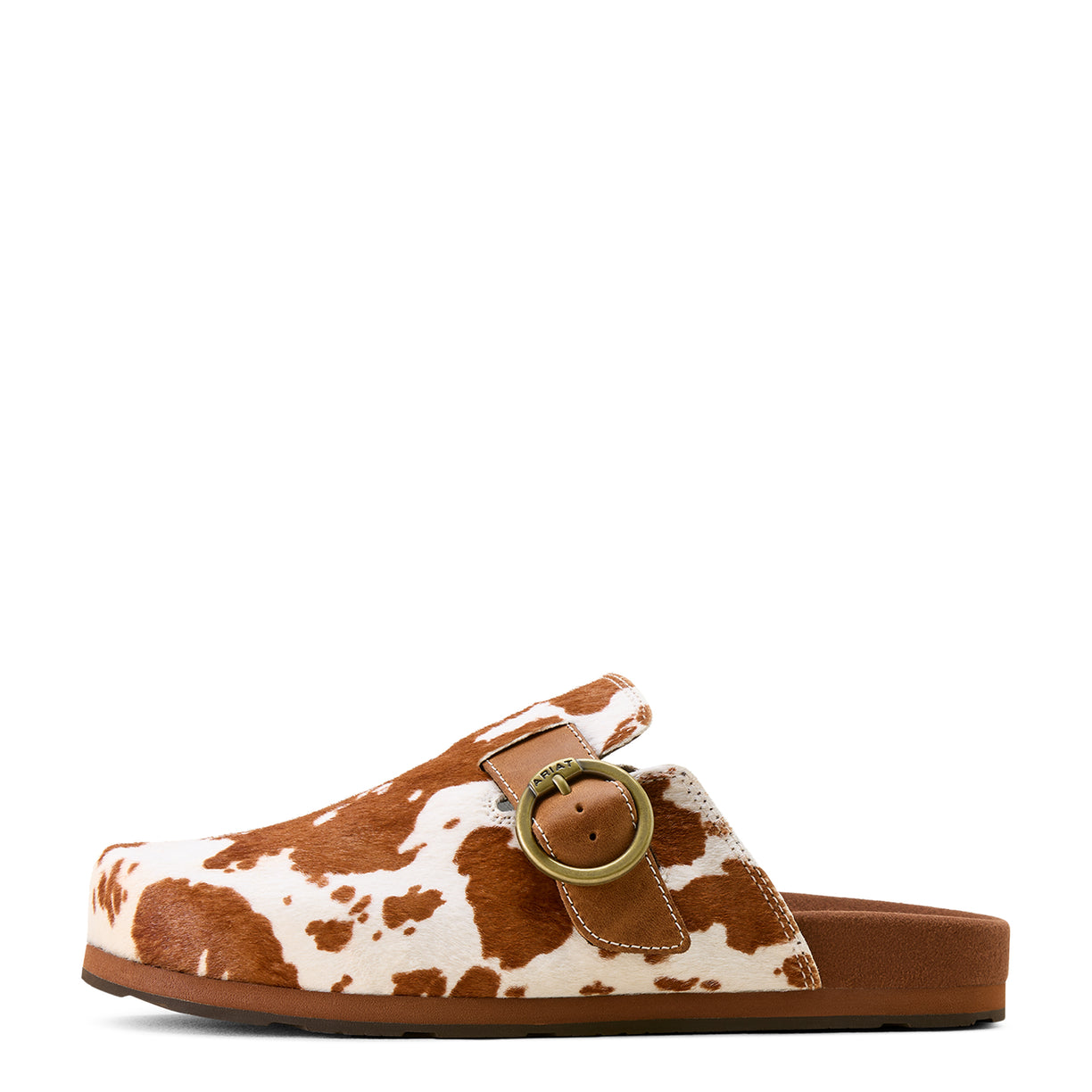 Brown and white cow print sandal with a gold buckle on a white background