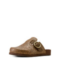 Brown leather sandal with floral patterns and a buckle on a white background