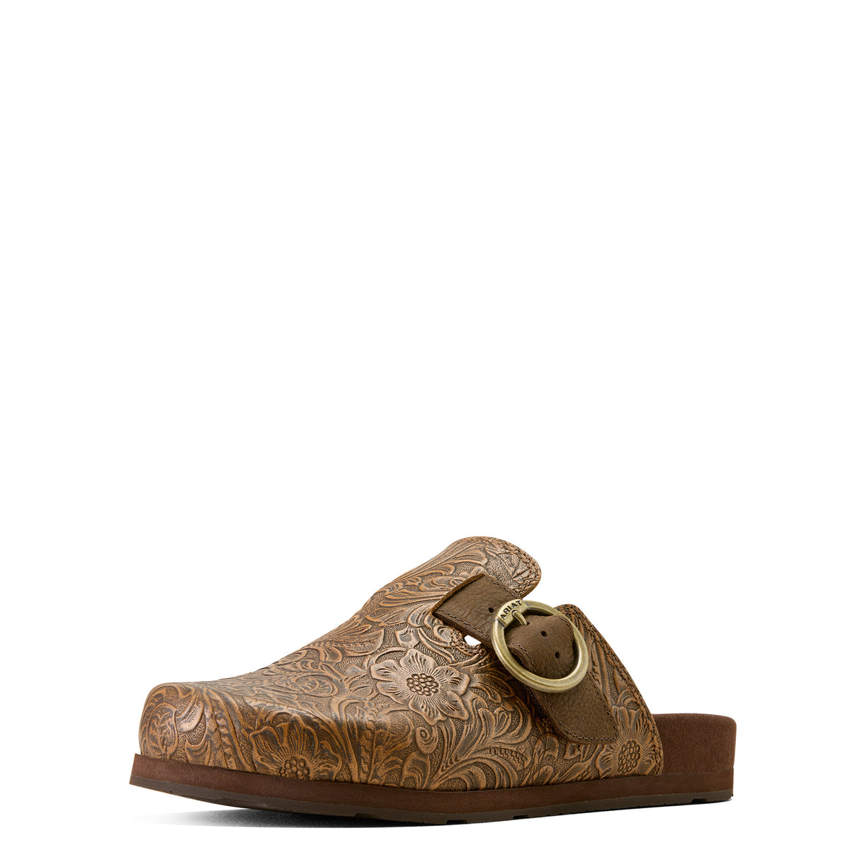 Brown leather sandal with floral patterns and a buckle on a white background