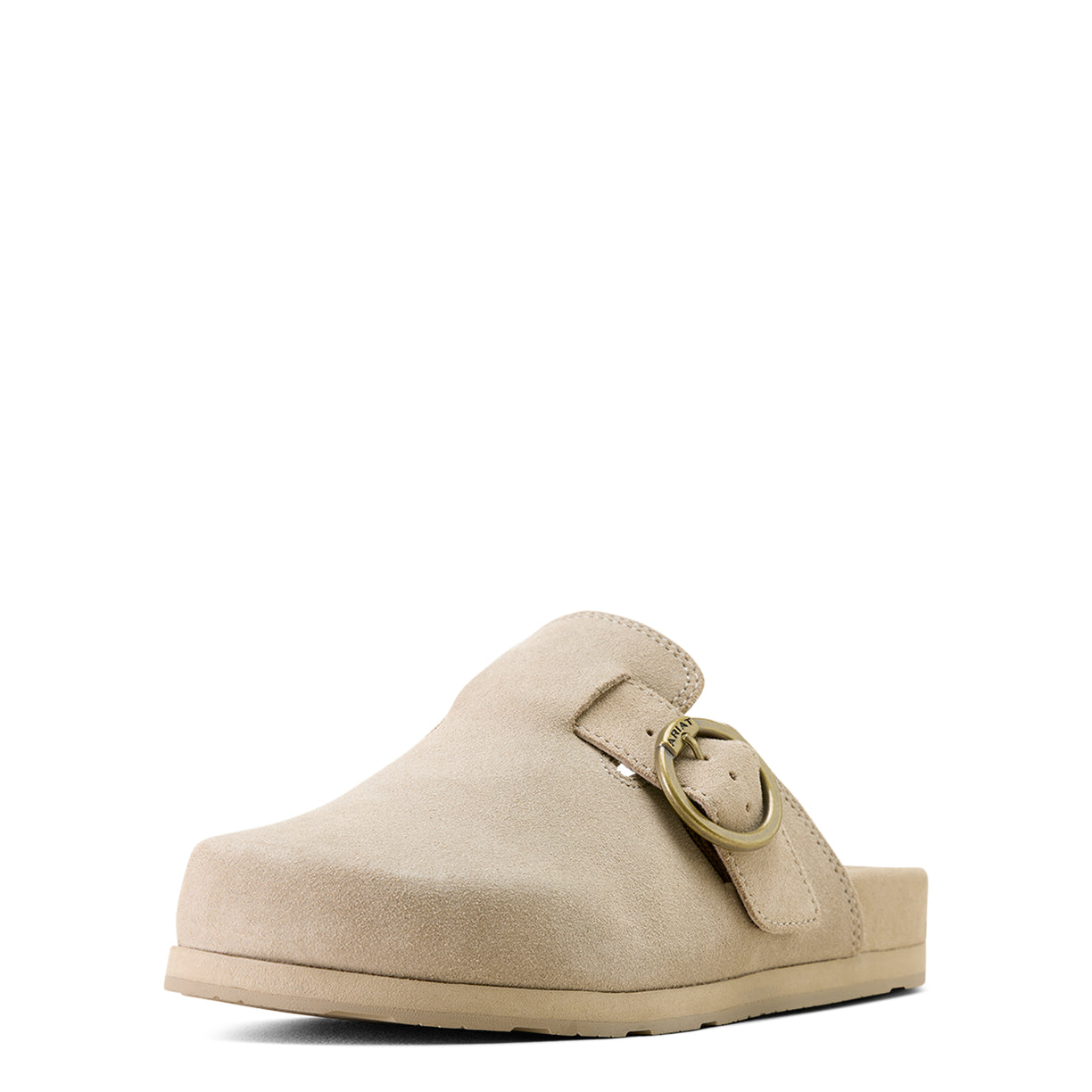 Beige clog shoe with a strap on a white background