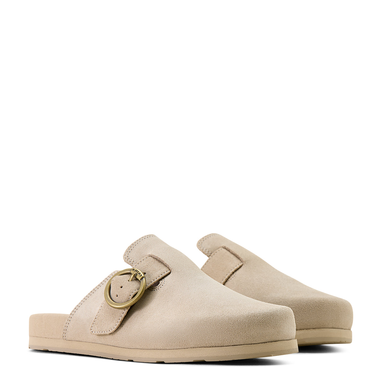 Beige clogs with a gold buckle on a white background