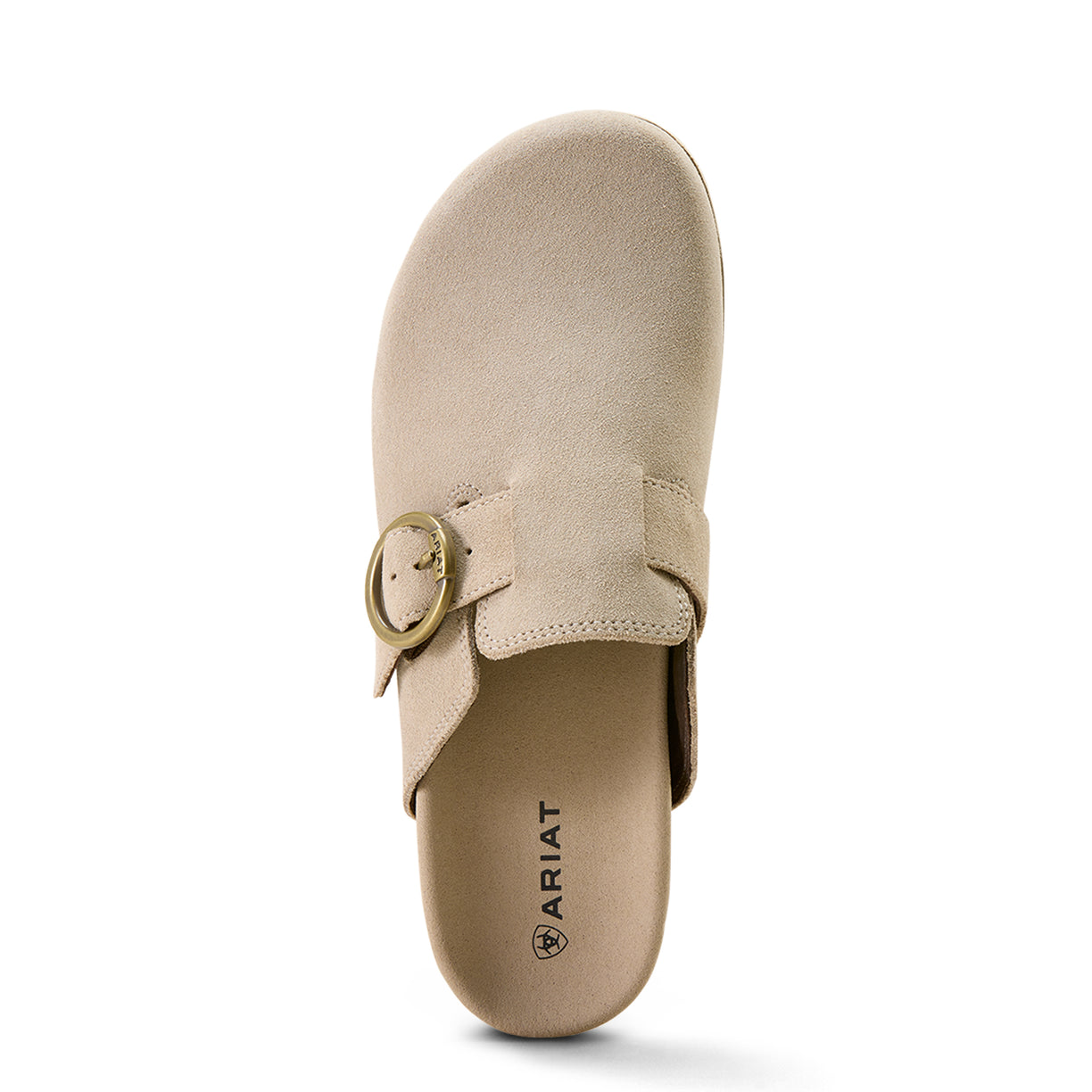 Beige slip-on shoe with a gold buckle on a white background