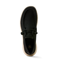 Black shoe with beige sole on a white background