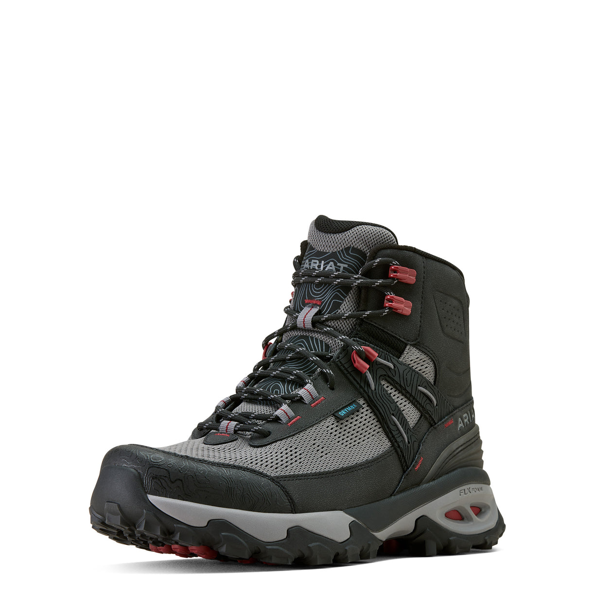 Gray and black hiking boot with red accents on a white background