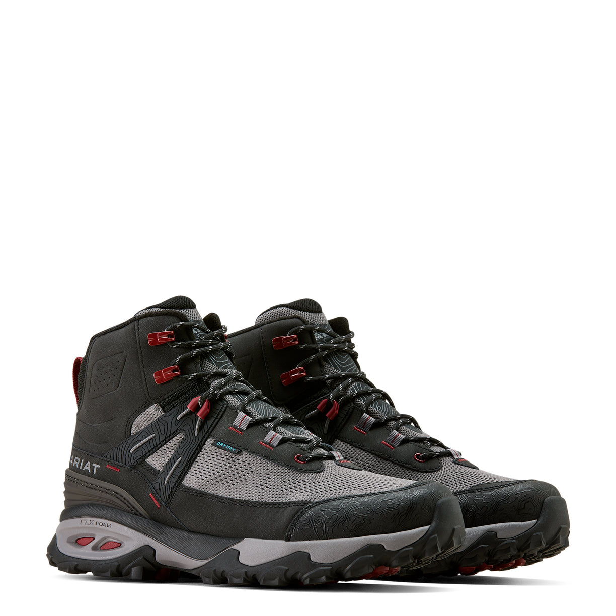 Pair of gray and black hiking boots with red accents on a white background