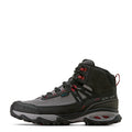 Gray and black hiking boot with red accents on a white background