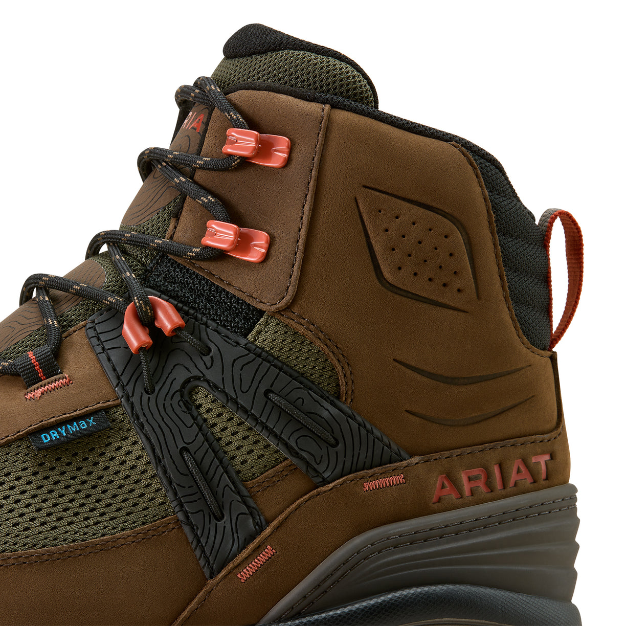 Brown Ariat boot with red laces on a beige background