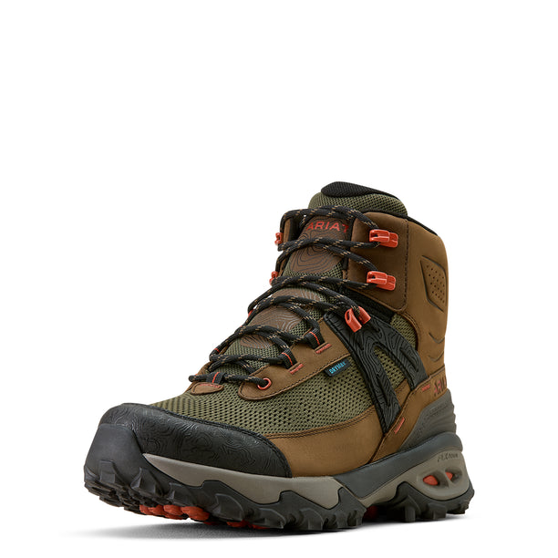Brown and black hiking boot with orange accents on a white background